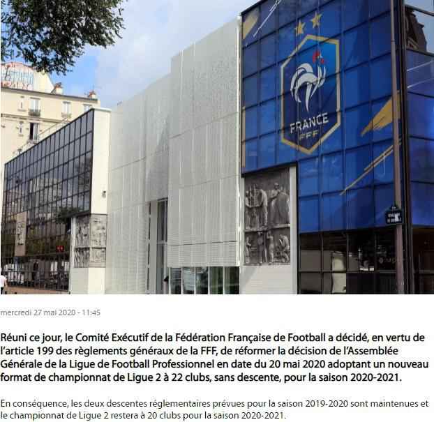 法国足协官网截图 改了!法乙本赛季不取消降级 下赛季仍保持20队