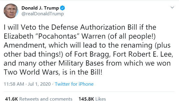 特朗普:你们若敢这么做,明年7400亿的美军军费