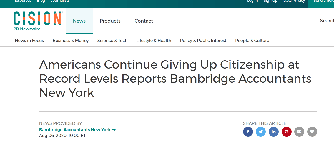 美媒：2020年上半年有5816名美国人放弃美国国籍，