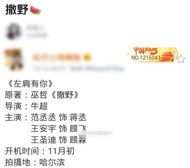 定了？网传范丞丞搭档王安宇出演《撒野》，二